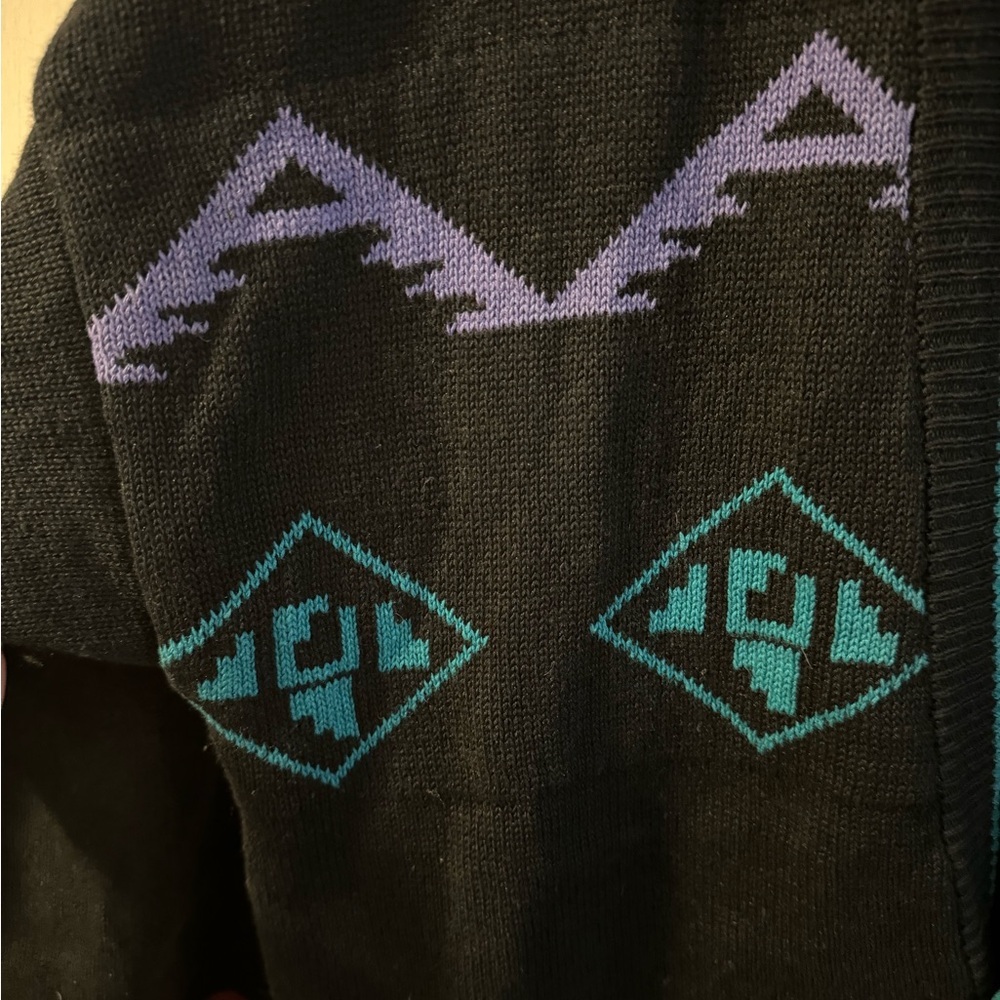 Vintage Bugle Boy Aztec Stipe Eclectic Grandpa Button Up Cardigan Purple Teal - Picture 10 of 12